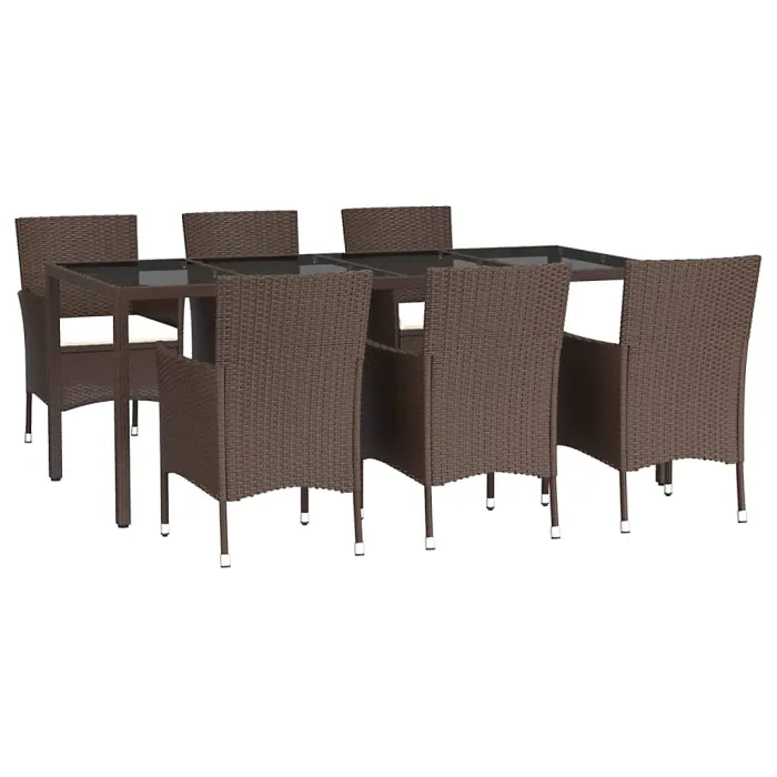 7 Piece Garden Outdoor Dining Set Suitable for Backyard, Patio with Cushions Brown Poly Rattan