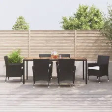 7 Piece Garden Outdoor Dining Set Suitable for Backyard, Patio with Cushions Black Poly Rattan