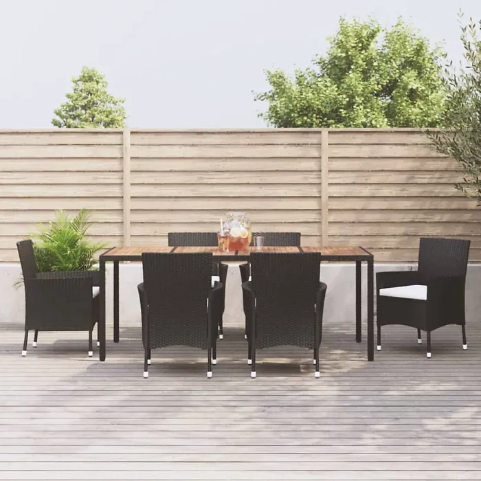 7 Piece Garden Outdoor Dining Set Suitable for Backyard, Patio with Cushions Black Poly Rattan