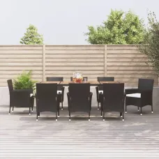 9 Piece Garden Outdoor Dining Set Suitable for Backyard, Patio with Cushions Black Poly Rattan