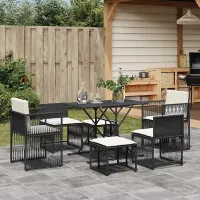 7 Piece Garden Outdoor Dining Set Suitable for Backyard, Patio with Cushions Black Poly Rattan