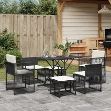 7 Piece Garden Outdoor Dining Set Suitable for Backyard, Patio with Cushions Black Poly Rattan