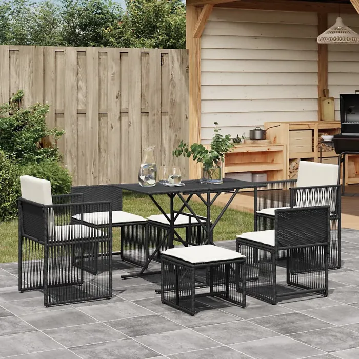 7 Piece Garden Outdoor Dining Set Suitable for Backyard, Patio with Cushions Black Poly Rattan