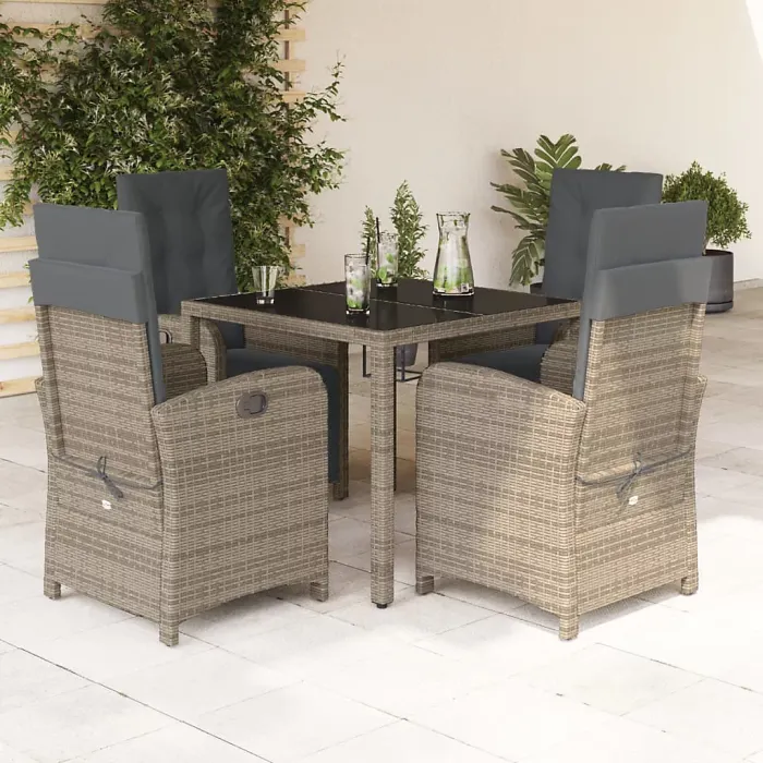 5 Piece Garden Outdoor Dining Set Suitable for Backyard, Patio with Cushions Grey Poly Rattan