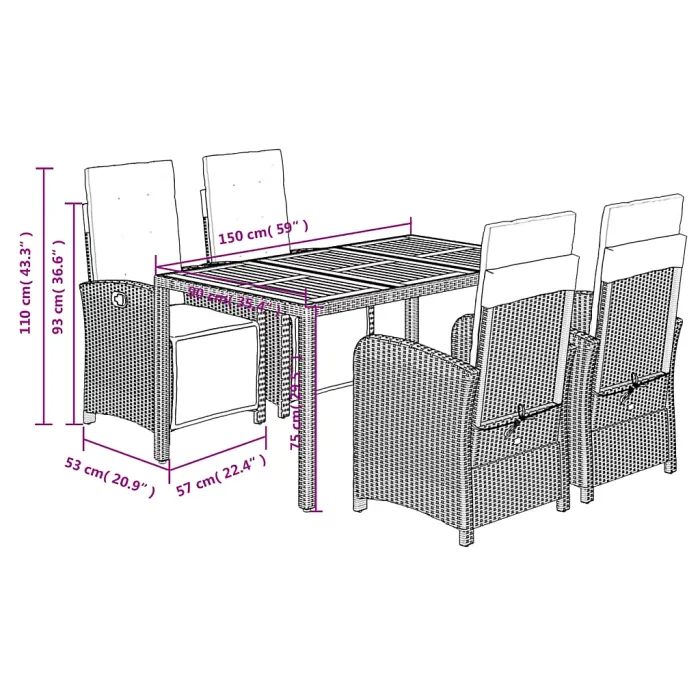 5 Piece Garden Outdoor Dining Set Suitable for Backyard, Patio with Cushions Grey Poly Rattan