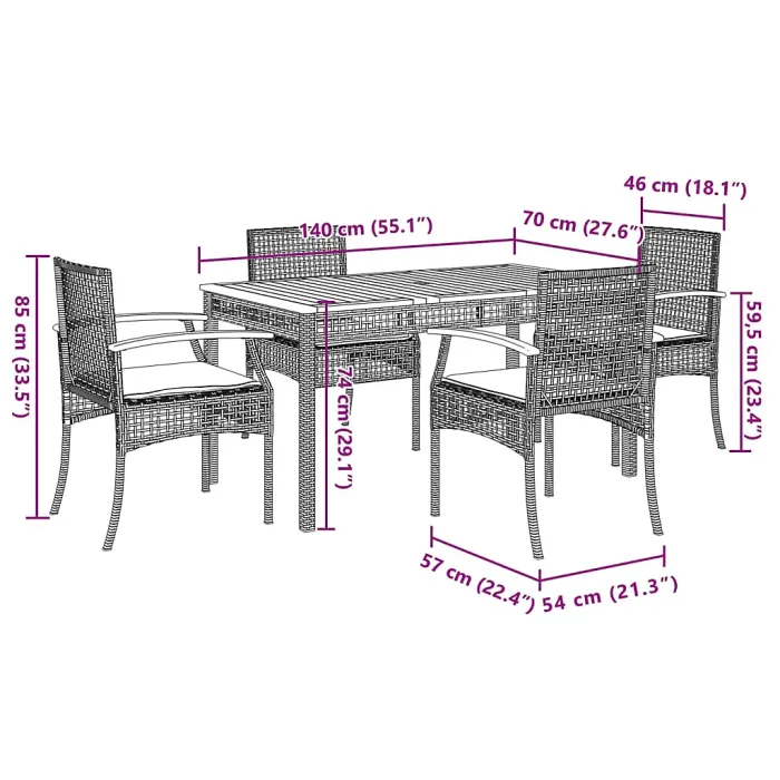 5 Piece Garden Outdoor Dining Set Suitable for Backyard, Patio with Cushions Grey Poly Rattan