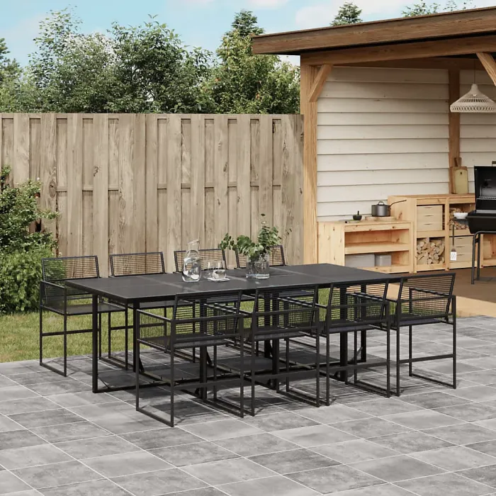 9 Piece Garden Outdoor Dining Set Suitable for Backyard, Patio Black Poly Rattan