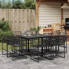 9 Piece Garden Outdoor Dining Set Suitable for Backyard, Patio Black Poly Rattan