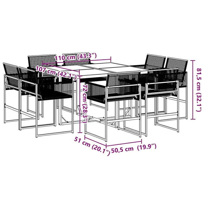 9 Piece Garden Outdoor Dining Set Suitable for Backyard, Patio Black Poly Rattan