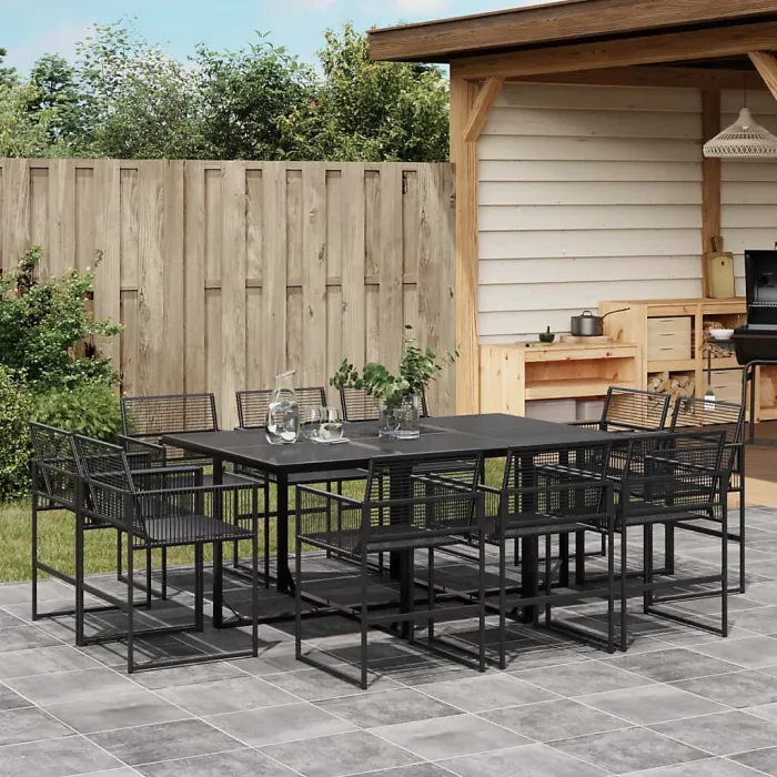 11 Piece Garden Outdoor Dining Set Suitable for Backyard, Patio Black Poly Rattan