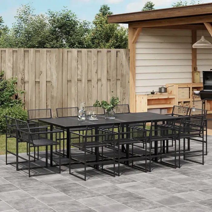 13 Piece Garden Outdoor Dining Set Suitable for Backyard, Patio Black Poly Rattan