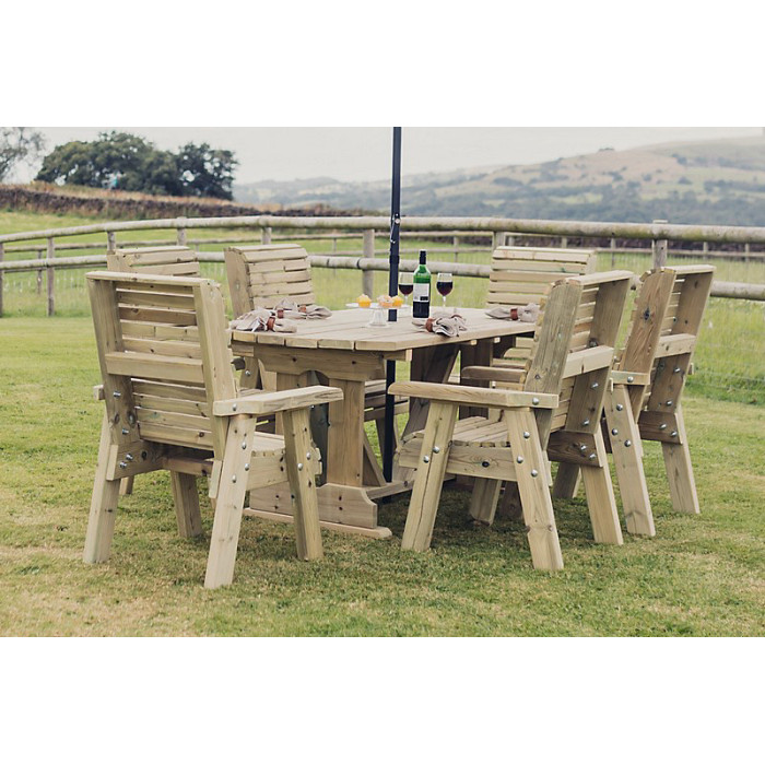 Ergo Table and Chair Set - Sits 6 Wooden Garden Dining Furniture with 6 Chairs - L250 x W290 x H105 cm - Minimal Assembly Required