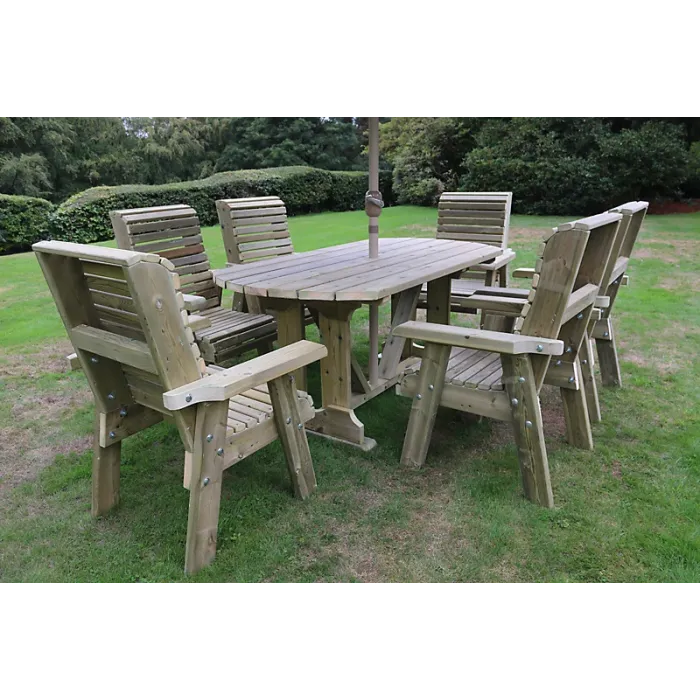 Ergo Table and Chair Set - Sits 6 Wooden Garden Dining Furniture with 6 Chairs - L250 x W290 x H105 cm - Minimal Assembly Required