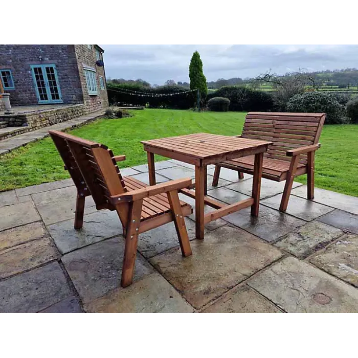 Ergo 8 Seater Square Table Including 2 Bench and 4 Chairs - Swedish Redwood - L149 x W149 x H77 cm - Minimal Assembly Required