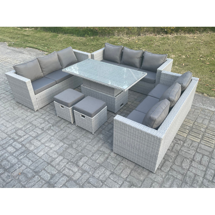 Fimous Light Grey U Shape Lounge Rattan Garden Furniture Set Adjustable Rising Lifting Table Dining Set 2 Stools