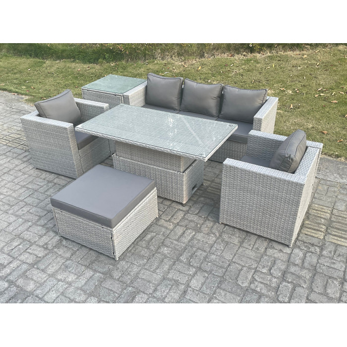 Fimous Rattan Garden Funiture Set Adjustable Rising Lifting Table Sofa Dining Set With 2 Arm Chair Side Table Big Footstool
