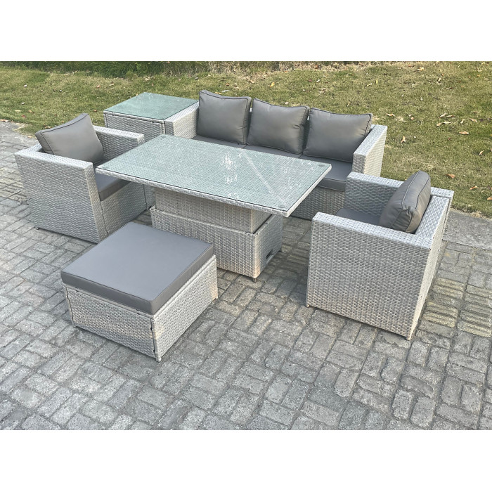 Fimous Rattan Garden Funiture Set Adjustable Rising Lifting Table Sofa Dining Set With 2 Arm Chair Side Table Big Footstool