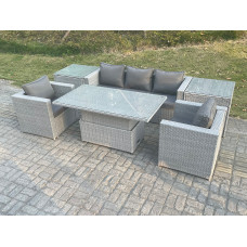 Fimous Rattan Garden Funiture Set Adjustable Rising Lifting Table Sofa Dining Set With 2 Arm Chair 2 Side Table