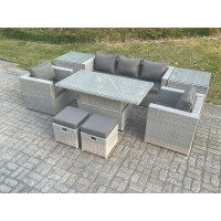 Fimous Rattan Garden Funiture Set Adjustable Rising Lifting Table Sofa Dining Set With 2 Arm Chair 2 Side Table Stools