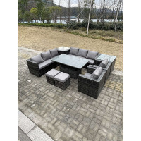 Fimous 9 Seater Rattan Garden Furniture Set Adjustable Rising Lifting Dining Table Side Table Chairs Stools Dark Grey Mixed