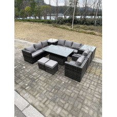 Fimous 9 Seater Rattan Garden Furniture Set Adjustable Rising Lifting Dining Table Side Table Chairs Stools Dark Grey Mixed