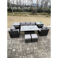 Fimous Rattan Garden Furniture Adjustable Rising Lifting Dining Table Sofa Set Chairs 2 Side Coffee Tables with 2 Stools