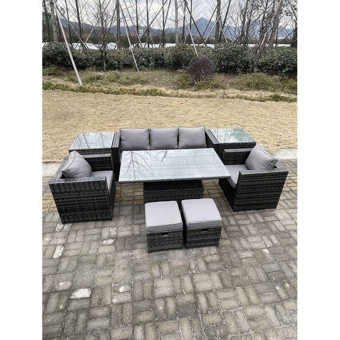 Fimous Rattan Garden Furniture Adjustable Rising Lifting Dining Table Sofa Set Chairs 2 Side Coffee Tables with 2 Stools