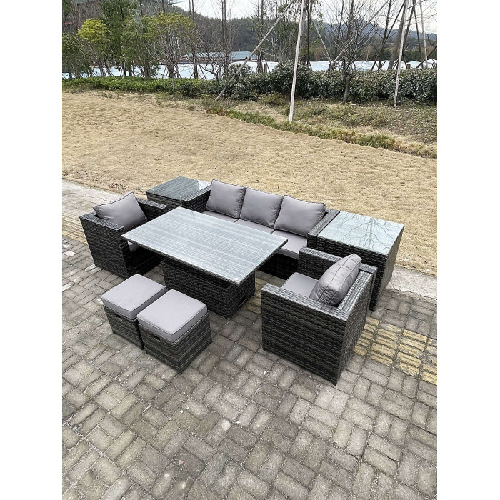 Fimous Rattan Garden Furniture Adjustable Rising Lifting Dining Table Sofa Set Chairs 2 Side Coffee Tables with 2 Stools