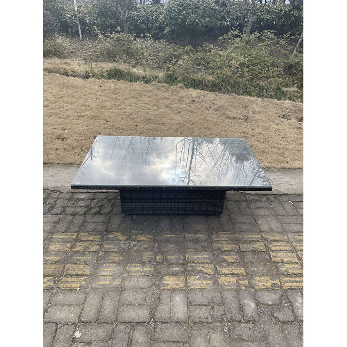 Fimous Rattan Garden Furniture Adjustable Rising Lifting Dining Table Sofa Set Chairs 2 Side Coffee Tables with 2 Stools