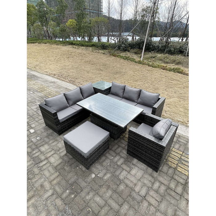 Fimous 8 Seater PE Rattan Corner Sofa Set Rising Adjustable Dining Table Set High Side Coffee Table With Arm Chair Big Footstool