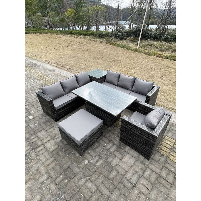 Fimous 8 Seater PE Rattan Corner Sofa Set Rising Adjustable Dining Table Set High Side Coffee Table With Arm Chair Big Footstool