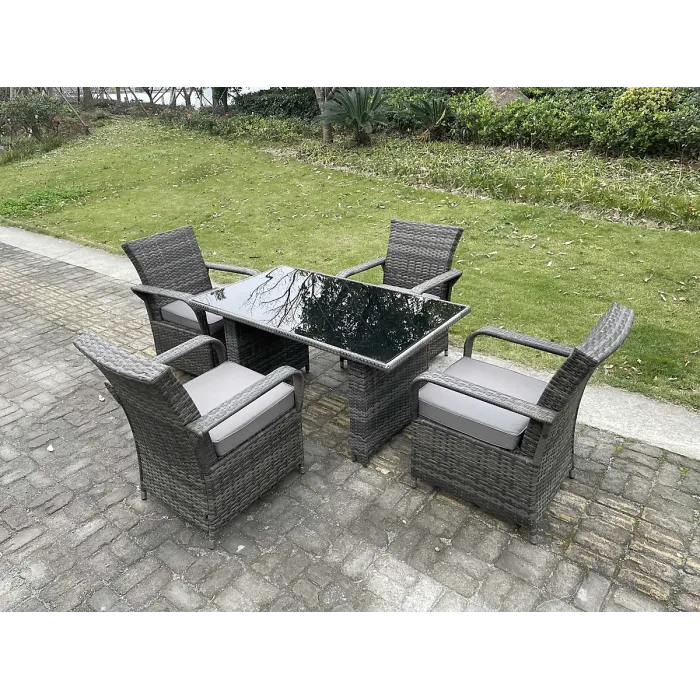 Fimous 4 Seat Rattan Garden Furniture Dining Set Table And Chair Sets PE Wicker Patio Outdoor 4 Chairs Black Tempered Glass Table