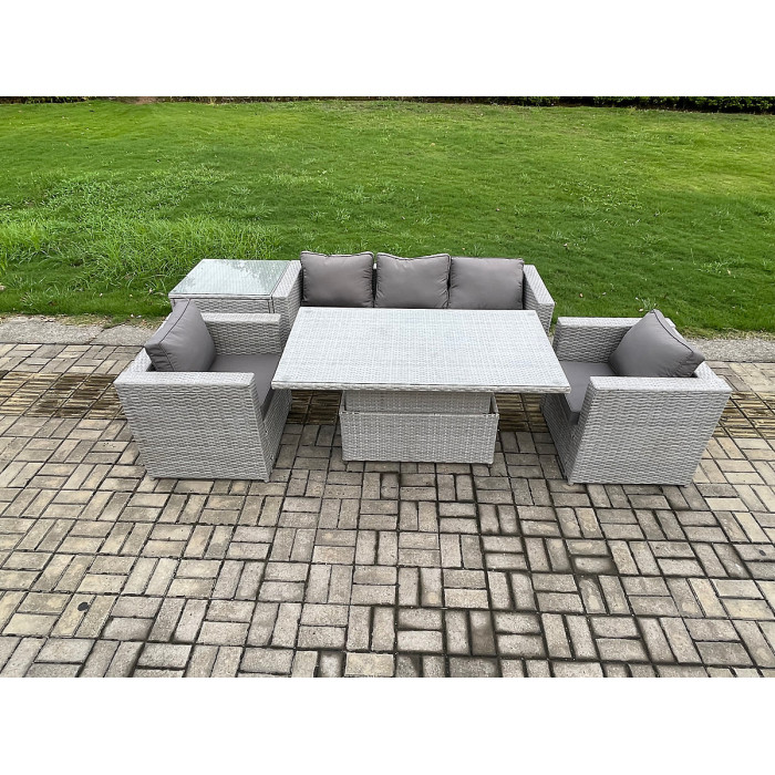 Fimous Rattan Garden Funiture Set Adjustable Rising Lifting Table Loung Sofa Dining Set With 2 Arm Chair Side Coffee Table