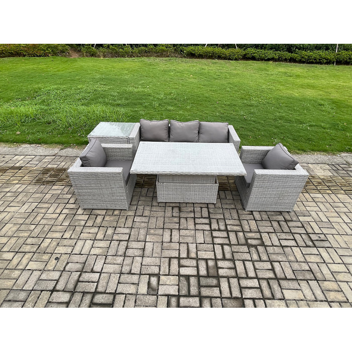 Fimous Rattan Garden Funiture Set Adjustable Rising Lifting Table Loung Sofa Dining Set With 2 Arm Chair Side Coffee Table