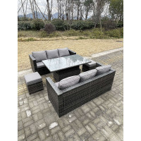 Fimous 8 Seater Outdoor Rattan Sofa Set Garden Furniture Adjustable Rising Lifting Dining Table Footstools Dark Grey Mixed
