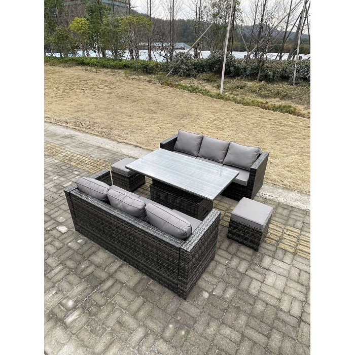 Fimous 8 Seater Outdoor Rattan Sofa Set Garden Furniture Adjustable Rising Lifting Dining Table Footstools Dark Grey Mixed