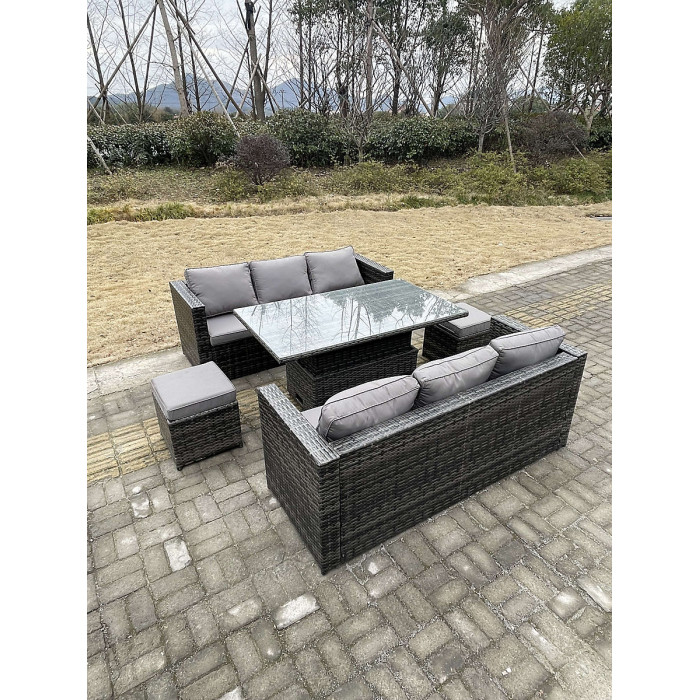 Fimous 8 Seater Outdoor Rattan Sofa Set Garden Furniture Adjustable Rising Lifting Dining Table Footstools Dark Grey Mixed