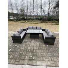 Fimous 9 Seater Outdoor Garden Furniture Rattan Sofa Set Adjustable Rising Lifting Dining Table Dark Grey Mixed