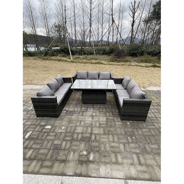Fimous 9 Seater Outdoor Garden Furniture Rattan Sofa Set Adjustable Rising Lifting Dining Table Dark Grey Mixed