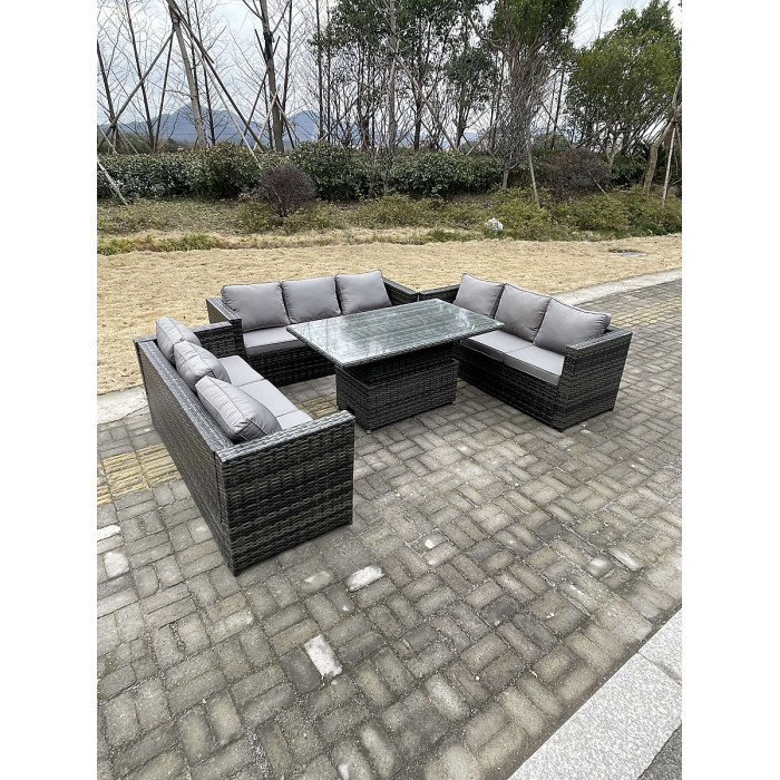 Fimous 9 Seater Outdoor Garden Furniture Rattan Sofa Set Adjustable Rising Lifting Dining Table Dark Grey Mixed