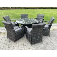 Fimous Rattan Garden Furniture Dining Set Table And Chair Sets PE Wicker Patio Outdoor 6 Chairs Plus Round Table