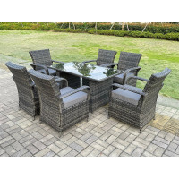Fimous Rattan Garden Furniture Dining Set Table And Chair Sets PE Wicker Patio Outdoor 6 Chairs Black Tempered Glass Table