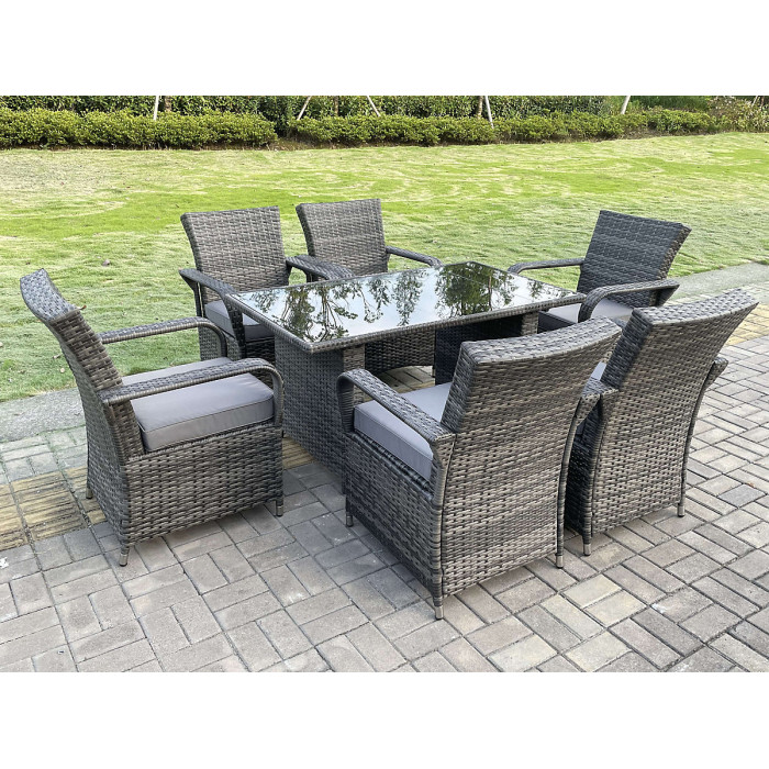 Fimous Rattan Garden Furniture Dining Set Table And Chair Sets PE Wicker Patio Outdoor 6 Chairs Black Tempered Glass Table