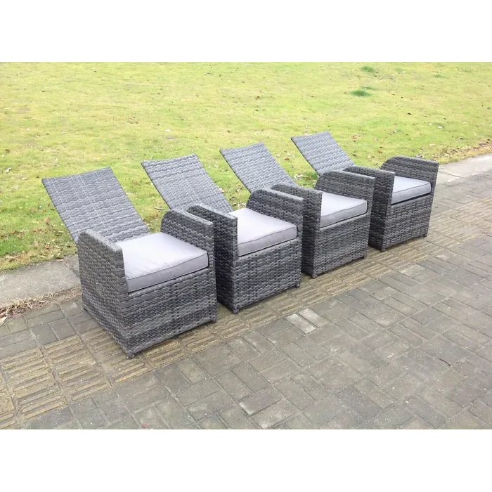 Fimous Dark Grey Mixed Outdoor Wicker PE Rattan Garden Furniture Reclining Chair And Table Dining Sets 4 Seater Round Table
