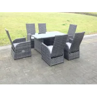 Fimous Outdoor PE Wicker Rattan Garden Furniture Adjustable Chair Black Tempered Oblong Dining Table And Chair Sets 6 Seater