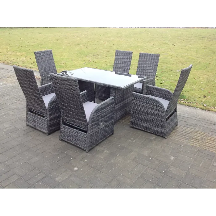 Fimous Outdoor PE Wicker Rattan Garden Furniture Adjustable Chair Black Tempered Oblong Dining Table And Chair Sets 6 Seater