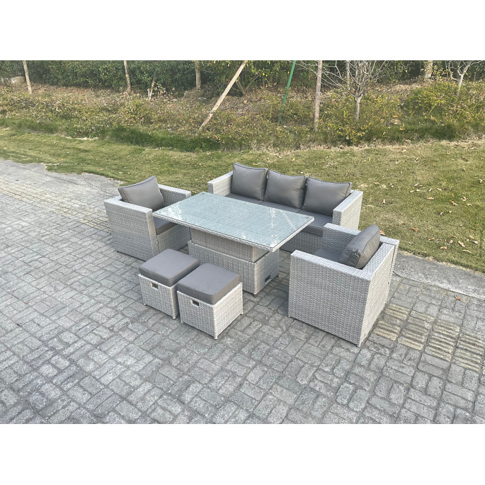 Fimous Rattan Garden Funiture Set Adjustable Rising Lifting Table Sofa Dining Set With 2 Arm Chair Stool