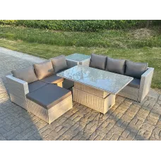 Fimous Rattan Garden Funiture Set Adjustable Rising Lifting Table Sofa Dining Set With Side Coffee Tea Table Footstool