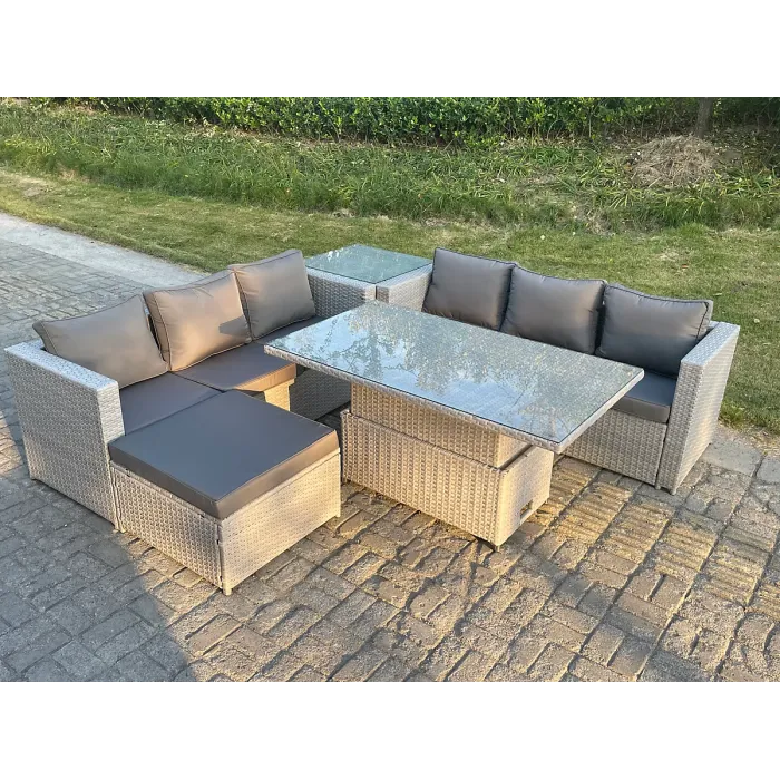 Fimous Rattan Garden Funiture Set Adjustable Rising Lifting Table Sofa Dining Set With Side Coffee Tea Table Footstool