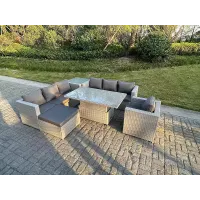Fimous Rattan Garden Funiture Set Adjustable Rising Lifting Table Sofa Dining Set Side Coffee Tea Table Chair Footstool